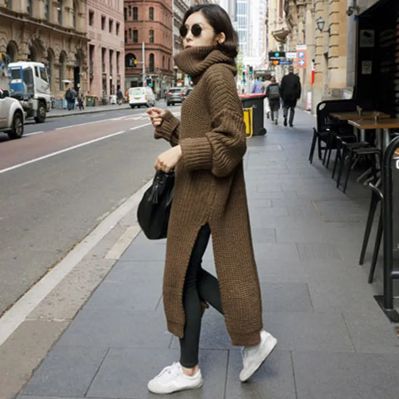 Thick knitted sweater dress women winter tops vintage Korean turtleneck pullovers high slit oversized long pull robe femme hiver | Женская
