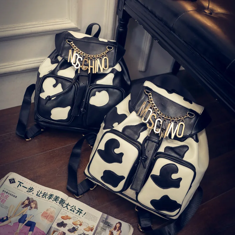 

New Cow Pattern Contrast Color Drawstring Backpack Fashion Stereo Double Pocket Backpack Leisure College Wind All Match Backpack