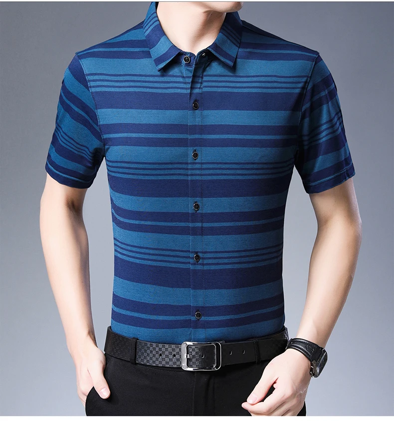 Новая повседневная Летняя Роскошная полосатая рубашка с коротким рукавом, приталенная Мужская рубашка, уличная одежда, рубашки, мужская мода, Джерси 50572