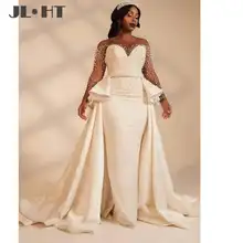 Шикарное вечернее женское платье с бисероплетением трапециевидной формы с длинными рукавами платье для выпускного вечера с оборками атласное с коротким шлейфом красивое вечернее платье