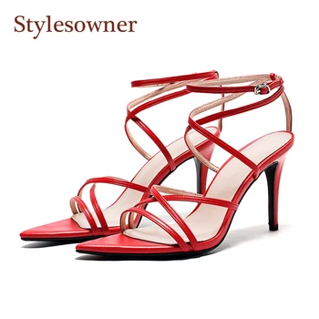 

Sexy Comfortable Lady Pointed Toe Sandals Red Balck White Cross Narrow Band Thin High Heel Genuine Leather Red White Black Shoes