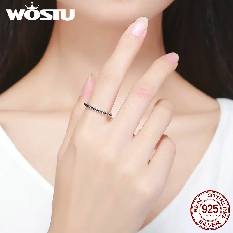 WOSTU Аутентичные кольца из стерлингового серебра 925 пробы с черным фианитом для