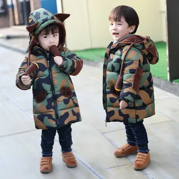 

Boys Mid-Long Design Camouflage Cartoon Design Winter Parkas Hooded Thick Winter Warm Jackets