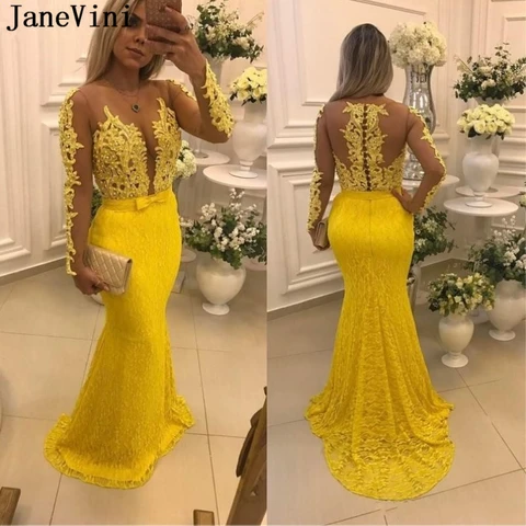 Vestido de Baile de Sereia Bestidos de Gala Janevini Elegante Renda Amarelo Gola Apliques Miçangas Manga Longa 2020