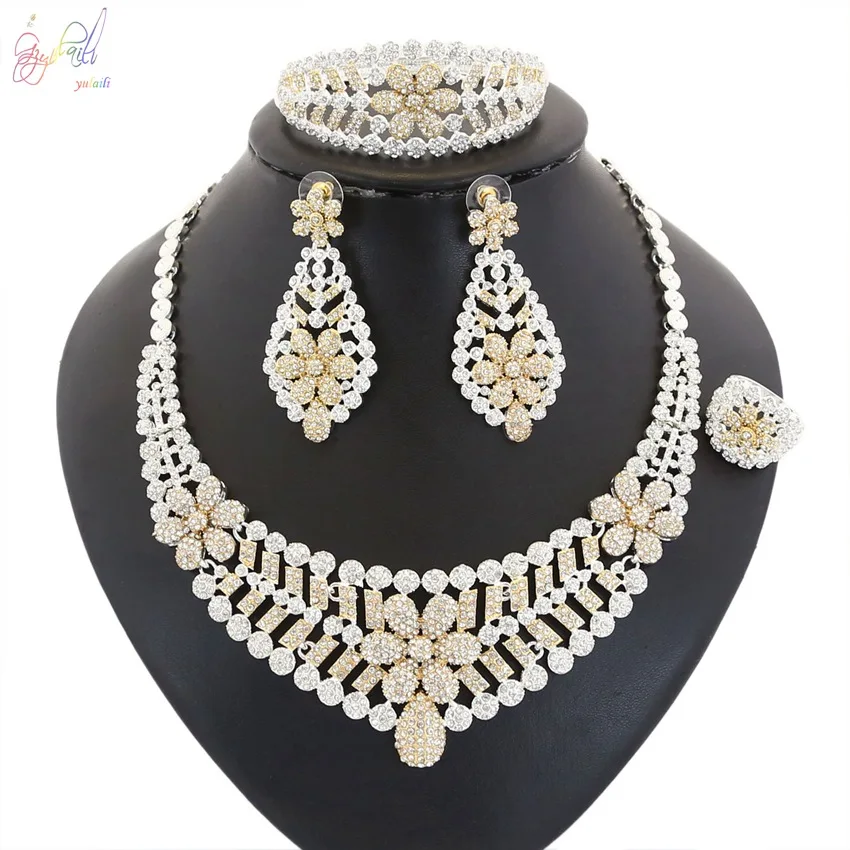 

YULAILI Luxury Zircon Wedding Jewelry Sets African Choker Necklace Bangle Earrings Ring for Women Free Shipping