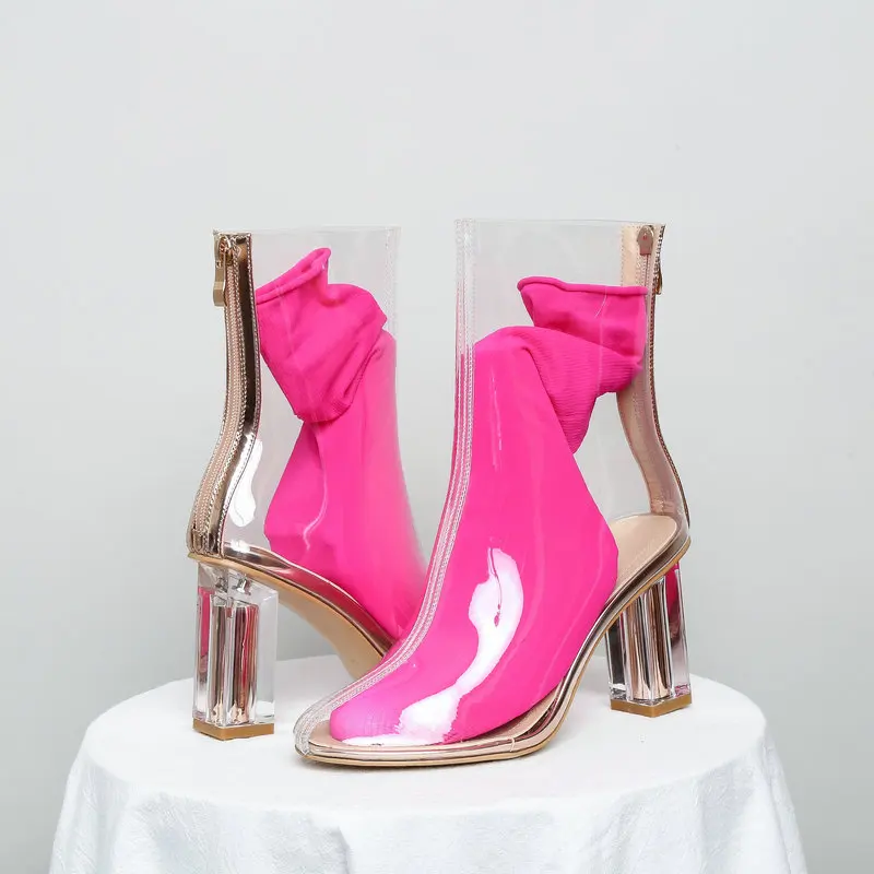 Прозрачные женские ботильоны; сезон весна-осень; женские ботинки на высоком каблуке; ботинки на молнии; Цвет черный, синий, розовый, фиолетовый - Цвет: red socks 8cm