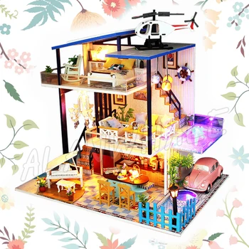

Miniature Doll House Island Three-layer Villa DIY Wooden Dollhouse With Furnitures Craft Adult Teenager Toys Model Building Kits