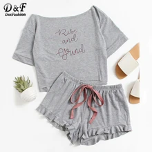 Dotfashion High Low Top And Frill Hem Shorts Pajama Set Women Letter Set Two Piece 2019 Grey Boat Neck Long Sleeve Pajama Set Dotfashion High Low Top And Frill Hem Shorts Pajama Set Women Letter Set Two Piece 2019 Grey Boat Neck Long Sleeve Pajama Set