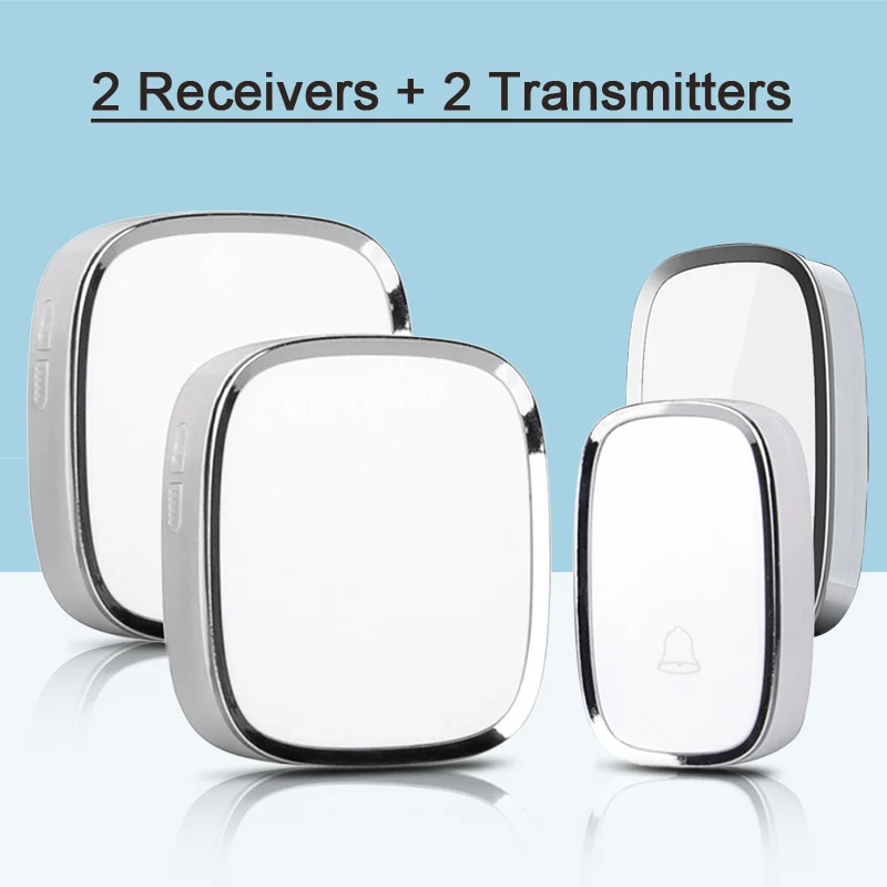 

New White Wireless Doorbell Waterproof Smart 36 Melody LED flashing Ring Door Bell AC220V 2 Push Doorbells Button +2 Receivers