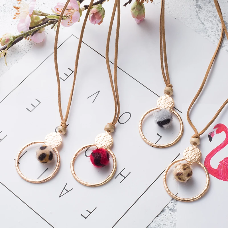 

Golden Round Circle Fur Pompom Ball Pendant Necklace for Women Long Leather Rope Sweater Chain Choker Necklace Collares Jewelry