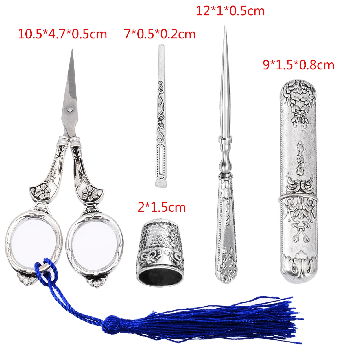 5pcs Vintage Scissors Cutting Sewing Kit Set European Retro Silver Embroidery DIY Cross Stitch Sewing Tools Thimble Needle Case
