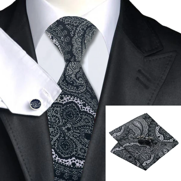 New Hot Mens Tie Whites Black Paisley Necktie Hanky Cufflinks Set Ties