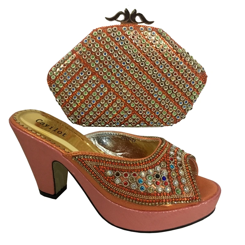 Latest Peach Color Matching Shoes and Bag Set African