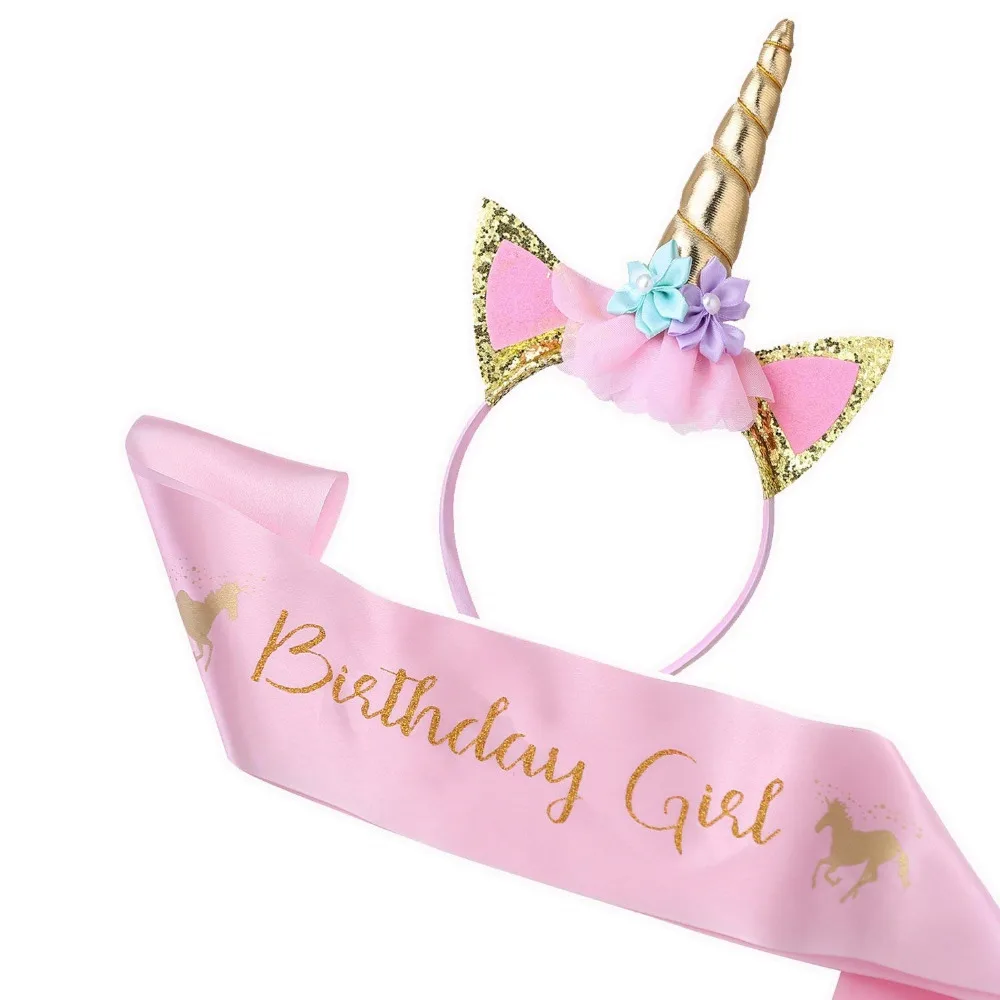 Unicorn Headband and Birthday Girl Sash Set Gold Glitter Horn & Satin