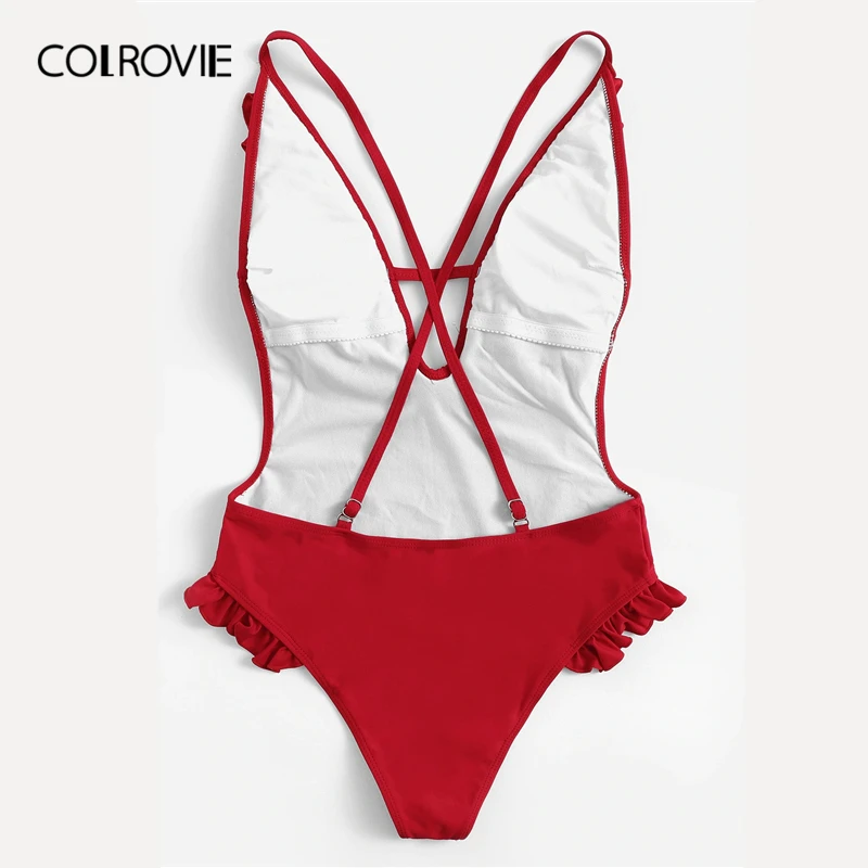 COLROVIE الأحمر الكشكشة V الرقبة كريسس الصليب عارية الذراعين مثير قطعة واحدة ملابس السباحة ارتداءها النساء Monokinis 2019 لباس سباحة بحر