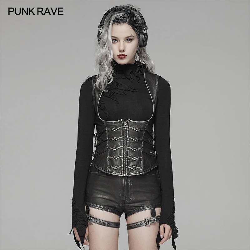 

PUNK RAVE Women's Punk Retro Shapewear Waistcoat Adjustable Eyelets Buckle Decoration Gothic Party Club Personality Womens Vest