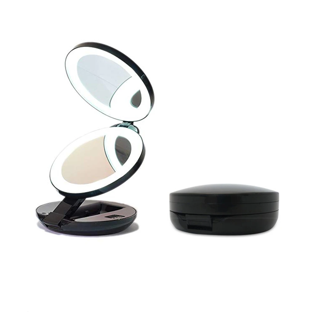 LED lights Mirror three Folding 5x Magnification Makeup Mirror Compact