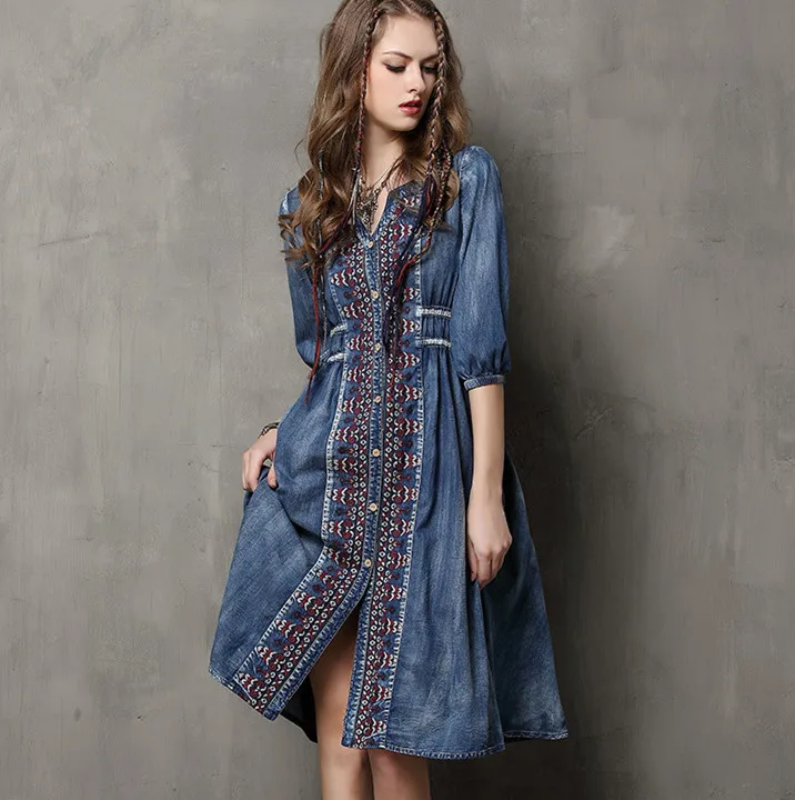 2017 High Quality Denim Dresses Women Vintage Boho Dresses Cotton V