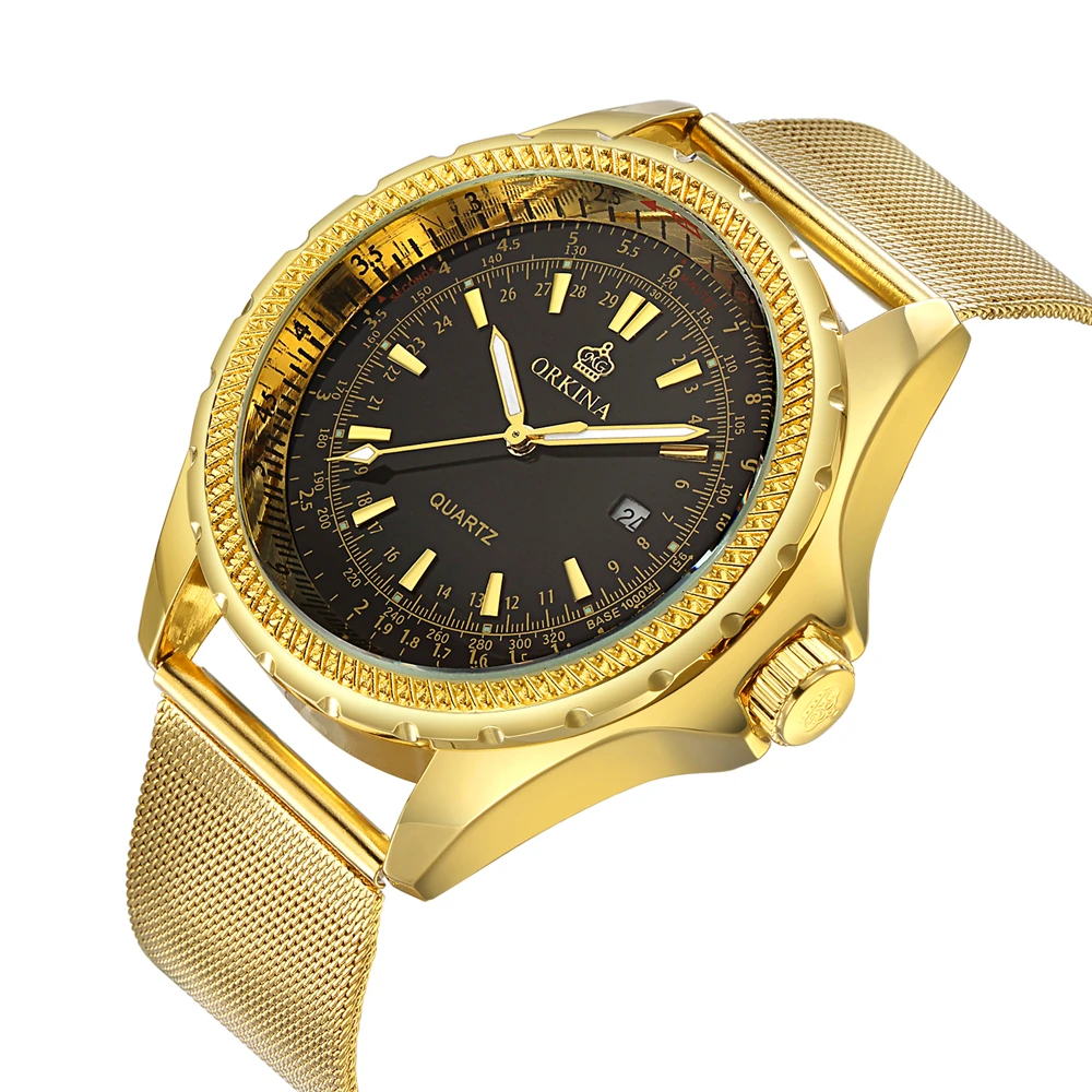 

ORKINA Gold Watch Men Watches Top Brand Luxury Famous Wristwatch Male Clock Golden Quartz Wrist Watch Calendar Relogio Masculino