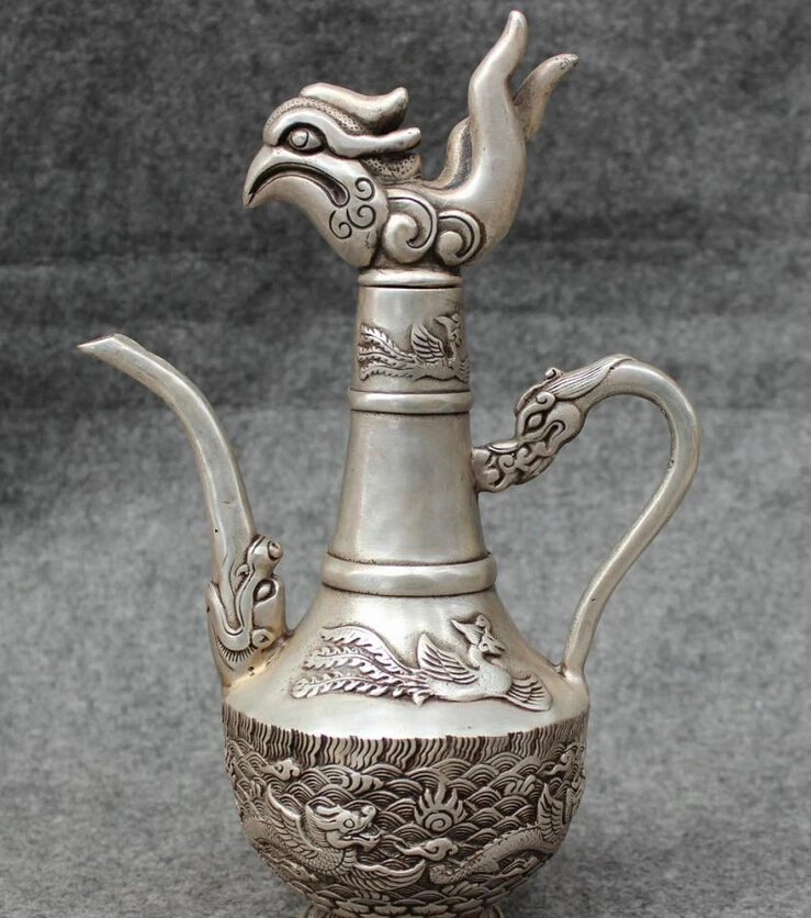 

S4664 10" Tibet Silver Buddhism Dragon Phoenix Redpoll Head Statue Wine Pot Teapot D0317