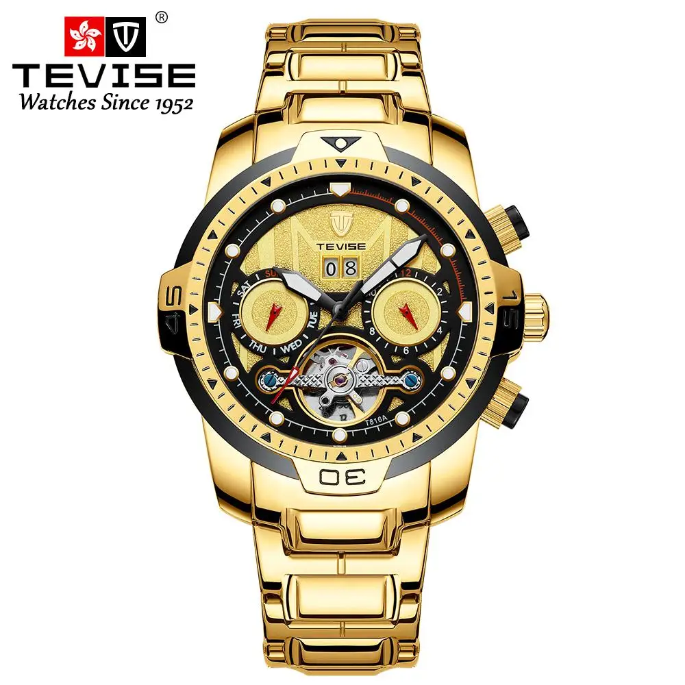 Tevise Лидирующий бренд Мужские часы с датой недели водонепроницаемые светящиеся стрелки роскошные золотые стальные механические наручные часы турбийон мужские часы - Цвет: Yellow Gold