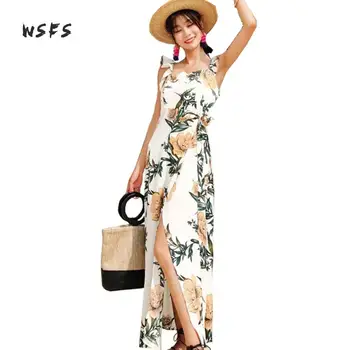 

Summer White Beach Dresses Floral Spaghetti Strap Backless Ruffles Boho Women Dress Bodycon Bohemian Sexy Long Dress Vestidos
