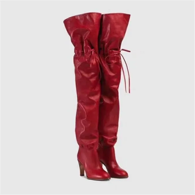 Real Leather Long Boots Women Red Black Over The Knee Boots Fashion