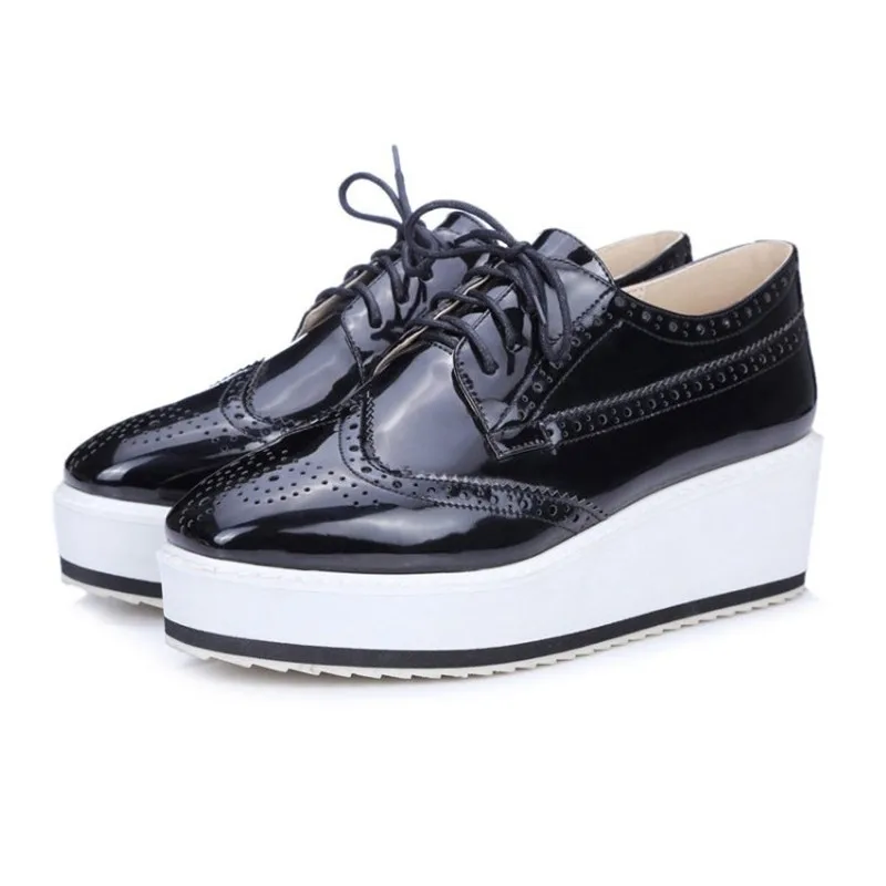Plus Size 32-48 Women Pumps Oxfords Fashion Patent Leather Wedges Women Shoes Black Silver Lace Up Ladies Brogue Shoes High Heel (4)