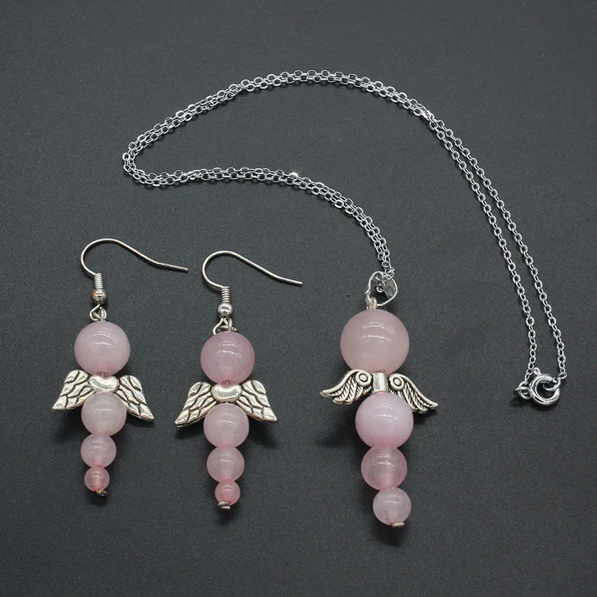 

100-Uniqe 1 Set Beautiful Silver Plated Rose Pink Quartz Round Beads Pendant with Angel Wing Necklace Earrings Jewelry Set