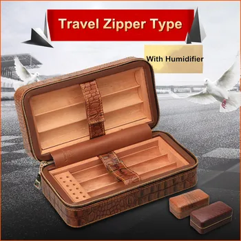 

COHIBA High Quality Brrown CROCO Pattern Leather Exterior Travel Case Cedar Wood Lined Cigar Humidor Case Mini Box W/ Zipper