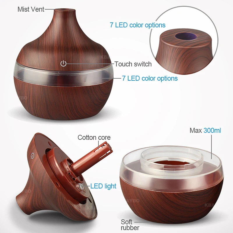  USB 300ml Aroma air Humidifier Aromatherapy Wood Grain 7 Color LED Lights Electric Aromatherapy Ess