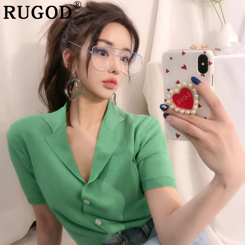RUGOD летняя Офисная женская зеленая блузка модная с коротким рукавом Вязанная