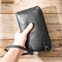 PNDME Повседневная Черная мужская сумка-клатч из натуральной кожи, кошелек из мягкой воловьей кожи, сумка для телефона, водонепроницаемый Роскошный кошелек