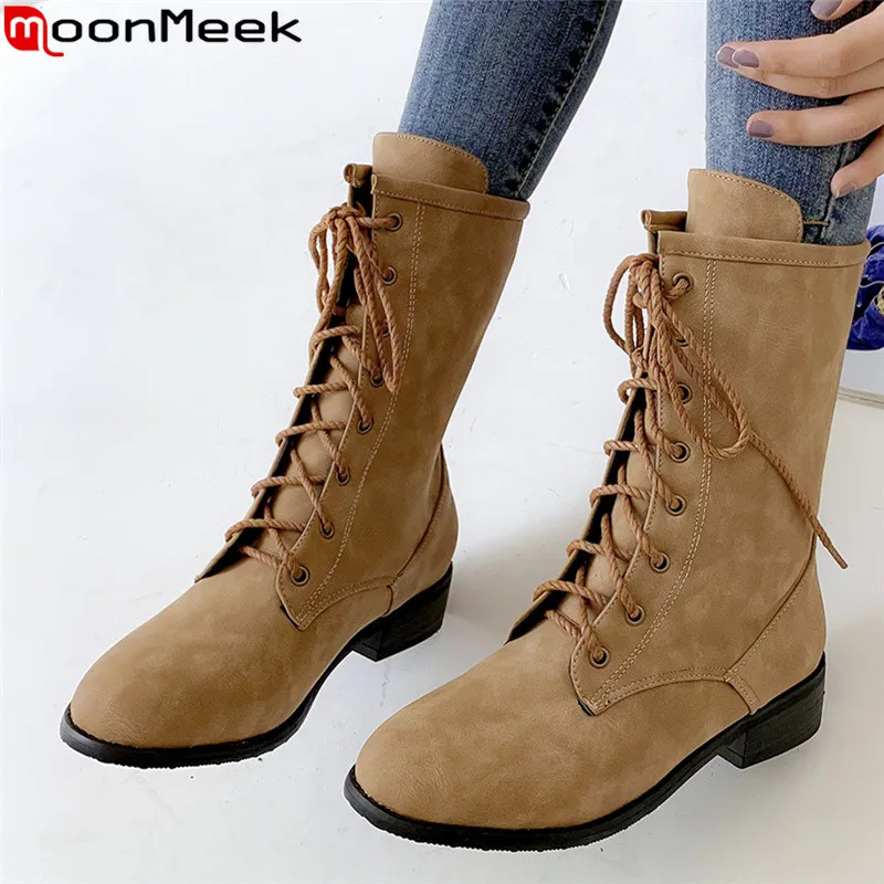 

MoonMeek large size 34-46 fashion ankle boots for women round toe autumn winter boots cross tied med heels shoes women boots