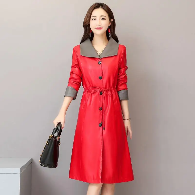 New Women Vintage Long Single Breasted Sheep Leather Trench Female Turn-down Collar Plus Size Slim Outerwear Windswear