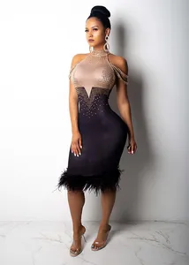 Beyprern Fashion Rhinestone Gold Sequin Feather Patchwork Christmas Party Dress