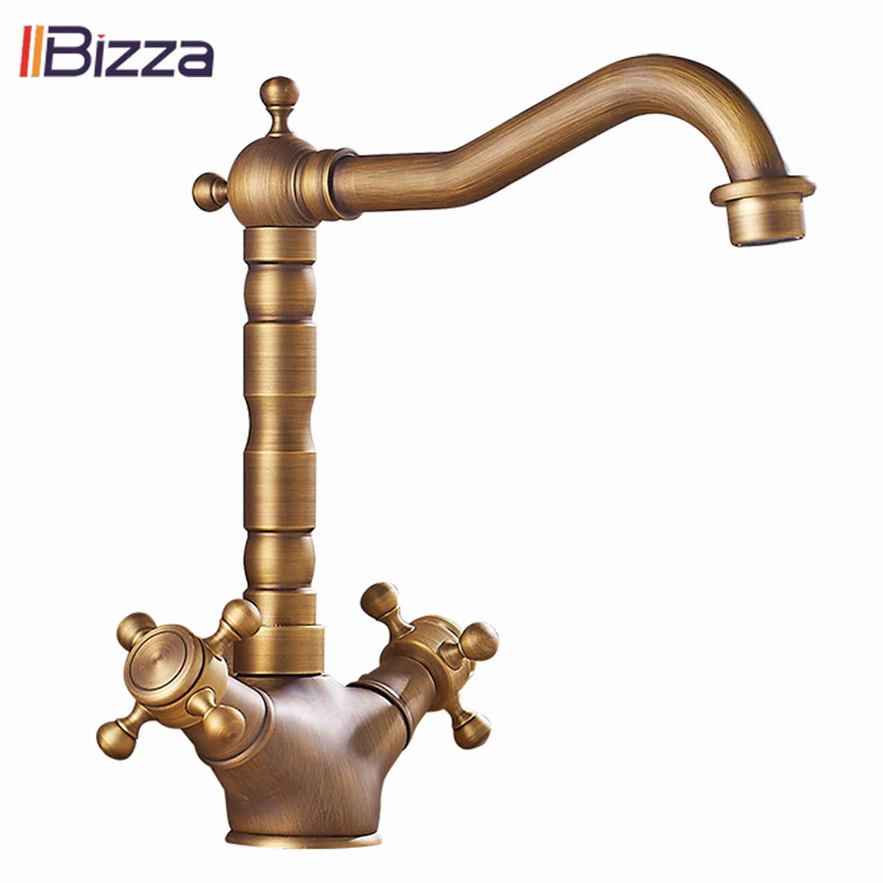 

IIBizza Dual Handle Swivel Bathroom Kitchen Sink Faucet Antique Brass Mixer Tap with Hot and Cold Water Deck Mounted 1105