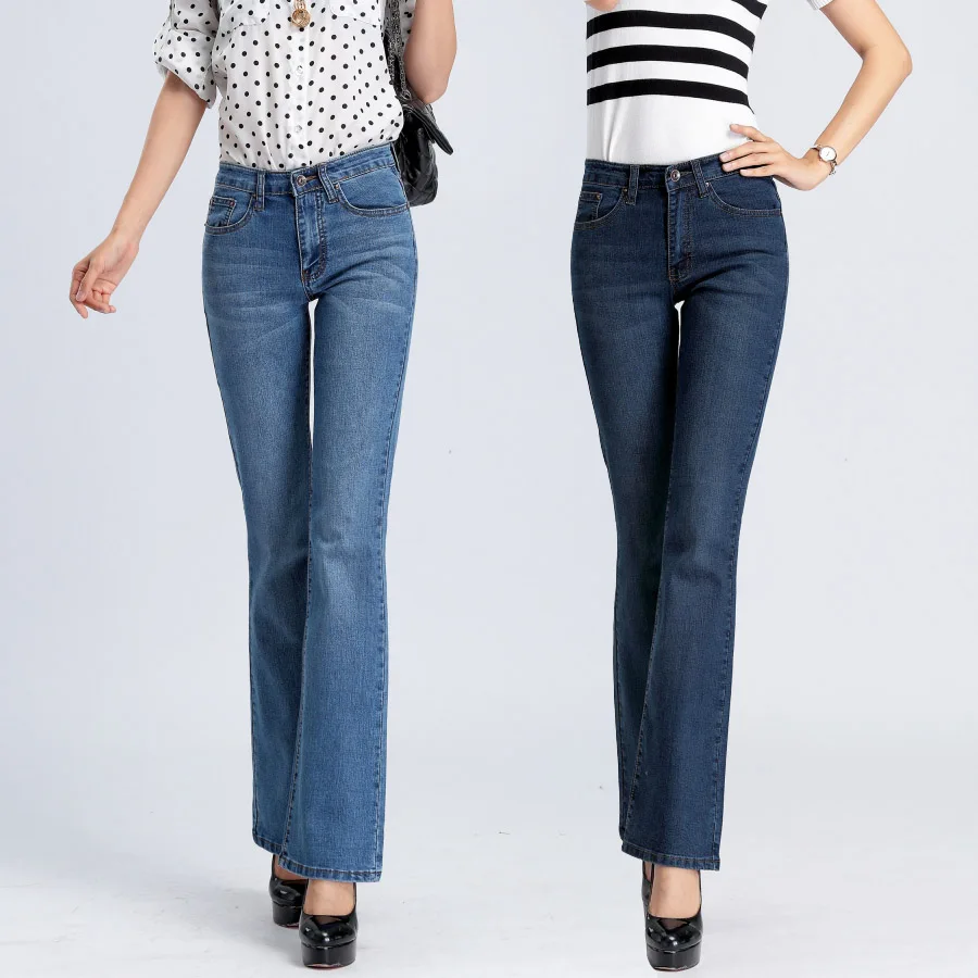 Высокое качество, весна-осень, женские эластичные расклешенные джинсы, женские расклешенные брюки, длинные джинсовые брюки