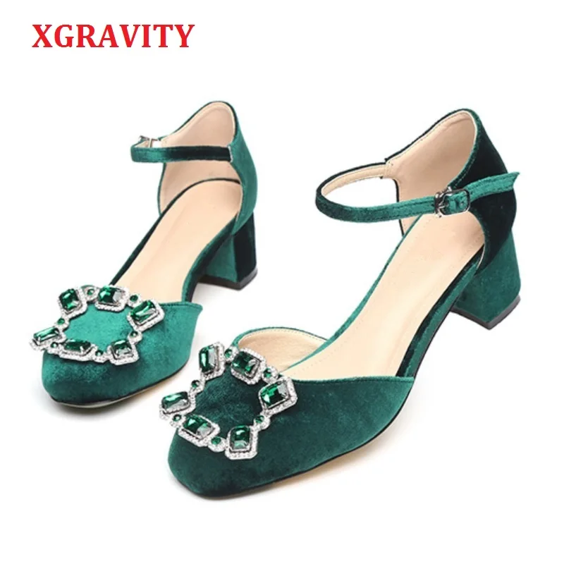 

XGRAVITY Summer Square Toe Closed Toe Buckle Strap Women Fashion High Heel Shoes Elegant Comfortable Crystal Sandals Ladies A094