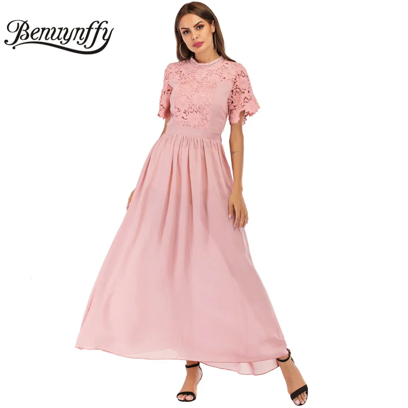 

Benuynffy Lace Short Sleeve Elegant Party Dress Summer Women Pink High Waist Patchwork Stand Collar Big Swing Long Dress
