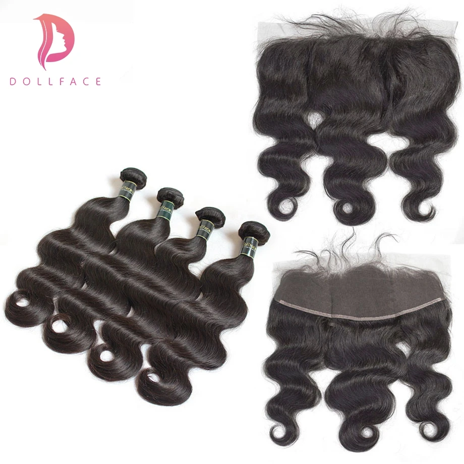 Dollface тела волны индийского 4 человека пучки волос с закрытием кружева фронтальной Волосы remy Ткань Связки с закрытием Бесплатная доставка