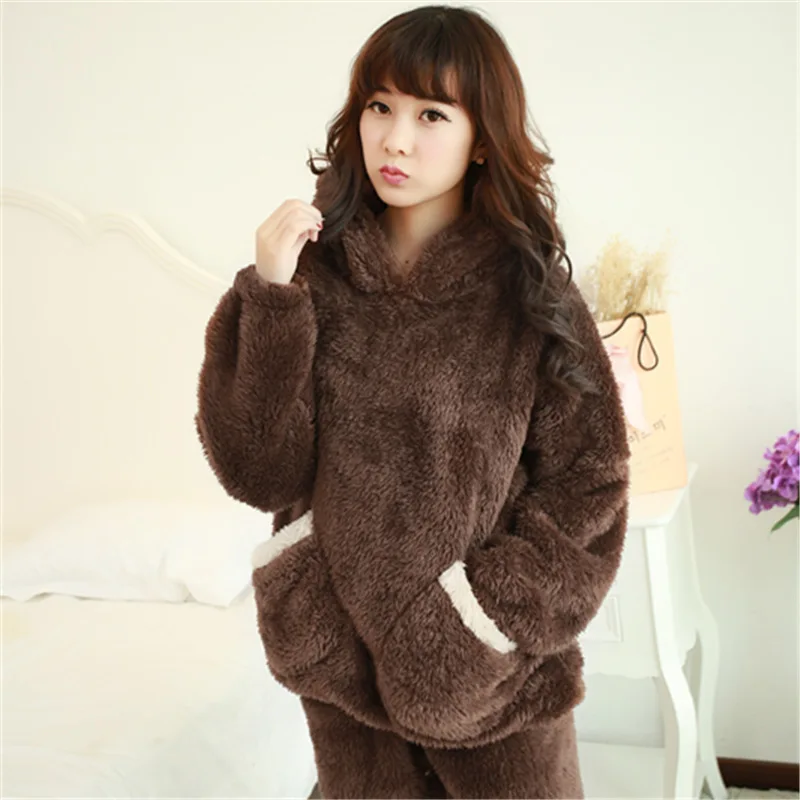 Warm Women's Bear Full Sleeve Hooded Polyester Pajama Sets Women
