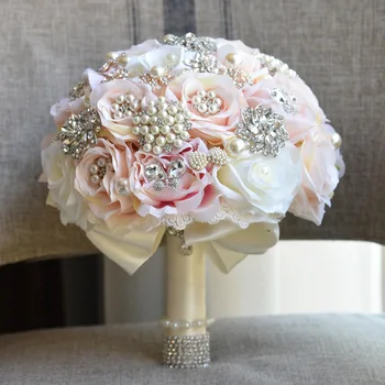 

Luxurious Silk Artificial Flowers Pearls Crystal Wedding Bouquet Bridal Bouquet Robe De Mariage Handhold For Bride Champagne
