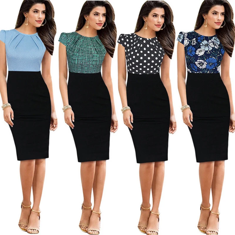 

liva girl Women Elegant Casual Work Business Office Classic O neck Neck belt Printing Patchwork Bodycon Pencil Dress