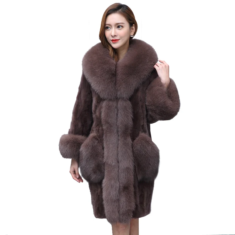 

New Arrival Liva Girl Full Sleeved Long Faux Fox Fur Collar Covered Button Regular Slim Thick Faux Mink Fur Coat XHSD-310