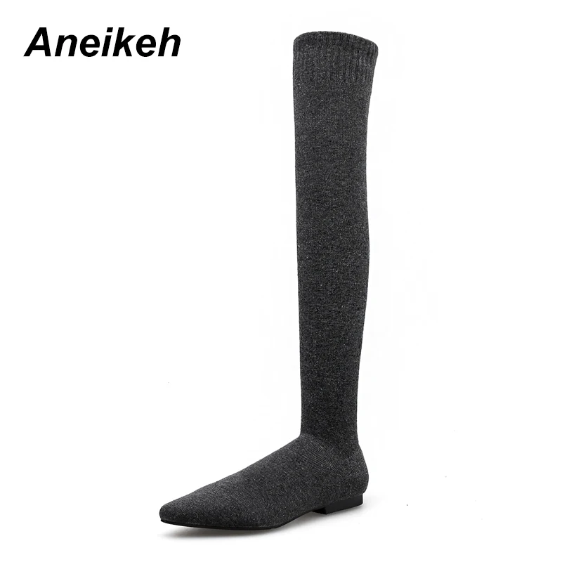 

Aneikeh 2018 Fashion Stretch Fabric Sock Boots Pointed Toe Over-the-Knee Low Heel Square heel Woman Boot botas mujer Black, gray