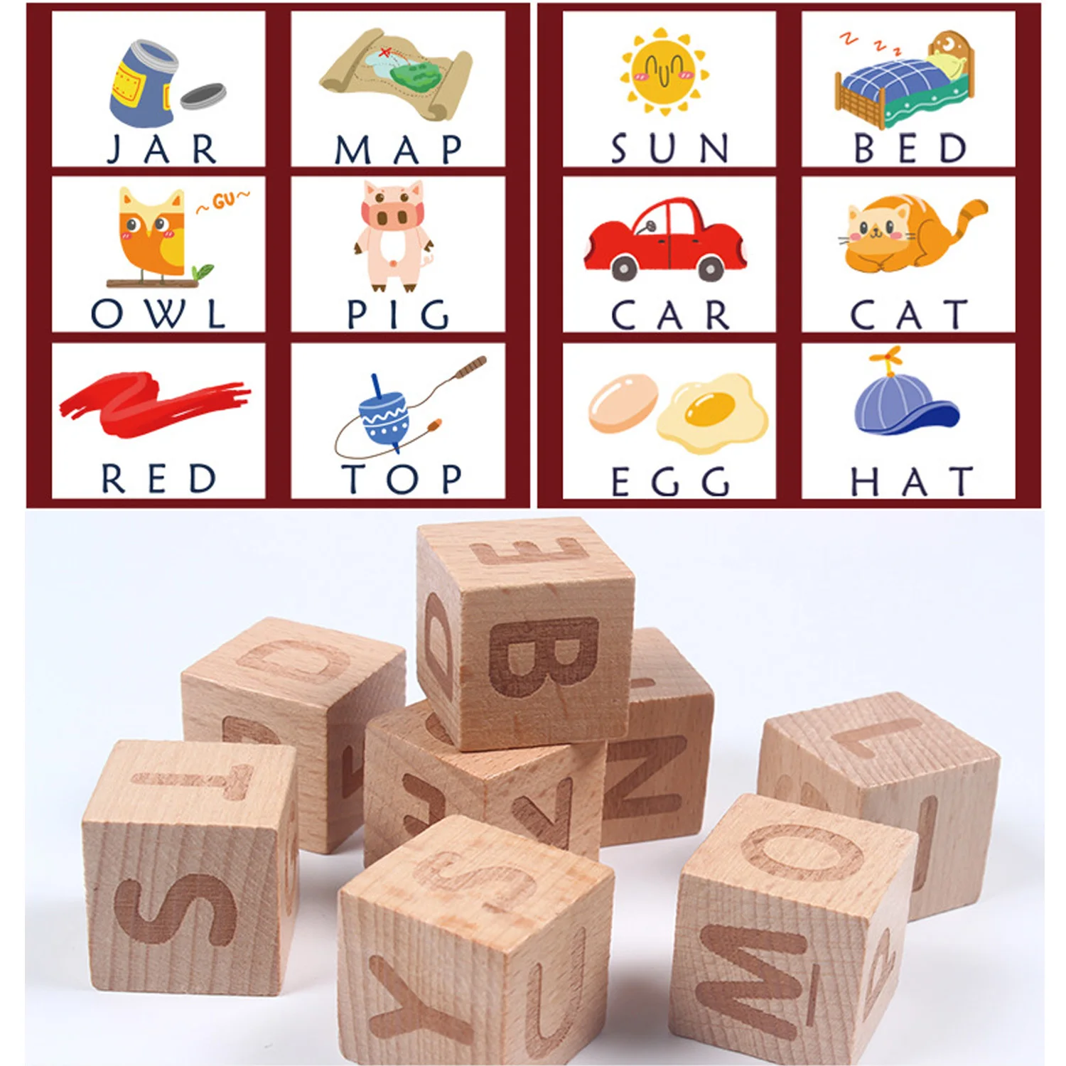 Cognitivo de Madeira Crianças Montessori Cartão Palavras Inglês Alfabeto Letras Correspondência Ortografia Aprendizagem Jogo Brinquedo 7 Crianças montessori cartão cognitivo de madeira cartão