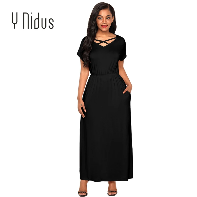 black v neck maxi dress with sleeves
