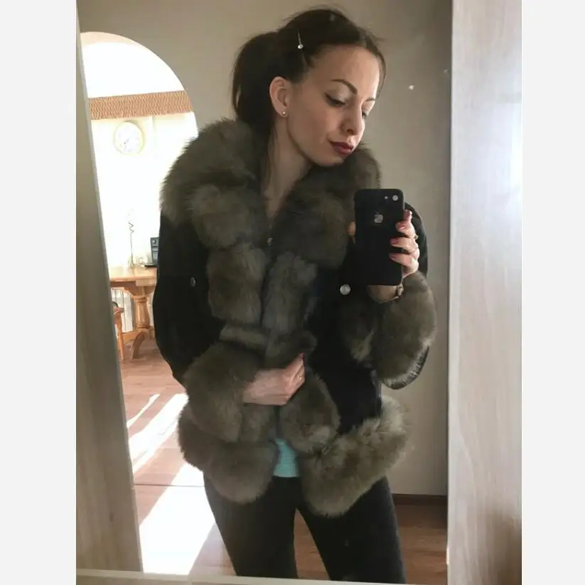 2018 spring real fox rabbit fur denim parka coat jacket jean high spring women natural fur coat thick lining warm fur parkas Coats