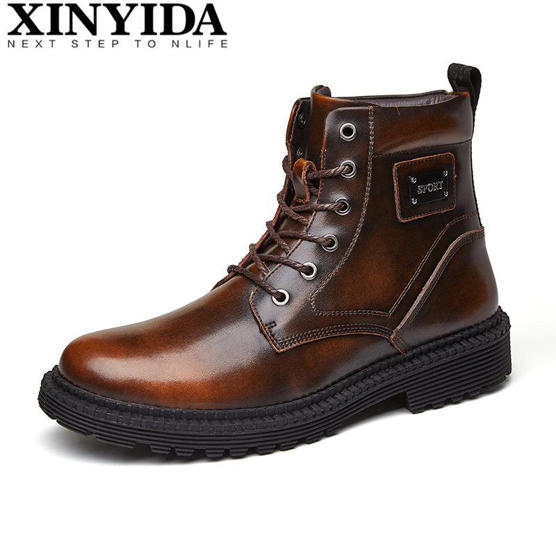

High Quality Genuine Leather Men Martin Boots Lace Up Warm Plush Men Boots Ankle Botas Fashion Motorcycles Boots Plus Size 38-46
